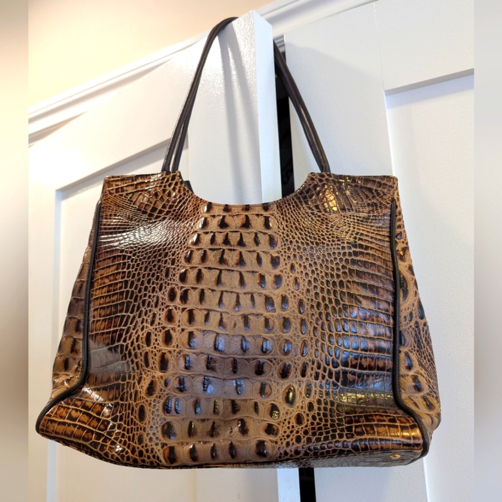 Croc-Embossed Brown Shoulder Tote